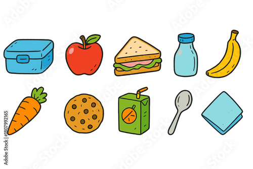 Food and beverage doodle icon set. Lunch, snack time cute outline icons collection