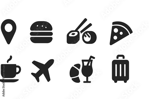 Food and travel solid icon set. Dining, culinary, vacation icons solid collection