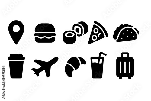Food and travel solid icon set. Fast food, airline, luggage, destination icons collection.