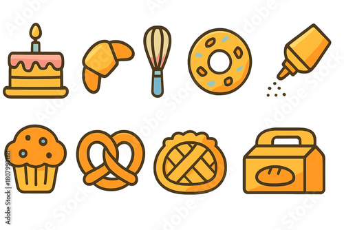 Bakery, pastry filled icon set. Cake, dessert, bakery tools filled style collection