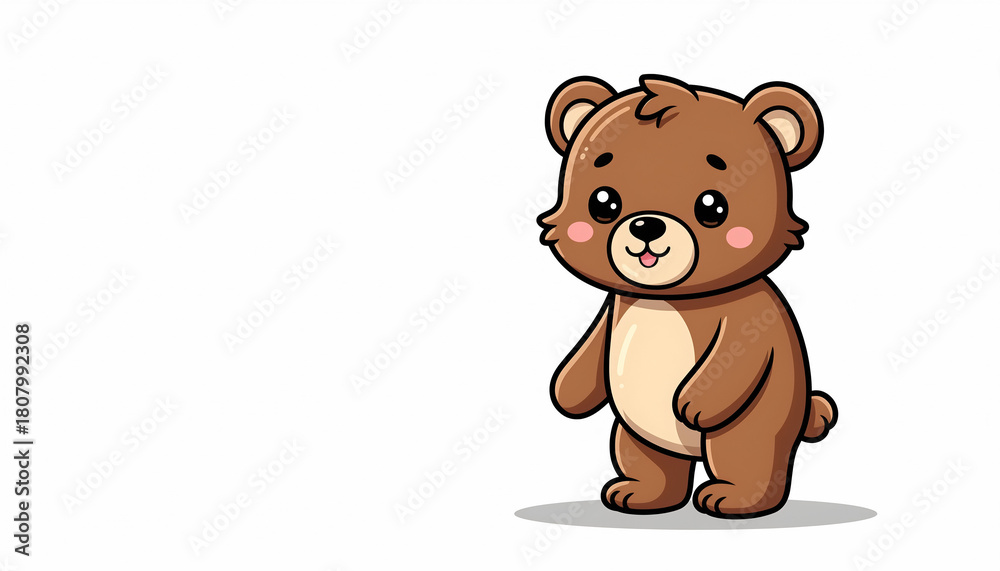 Fototapeta premium A cartoon illustration of a cute brown bear standing upright, with a light beige belly and rosy cheeks, against a white background.