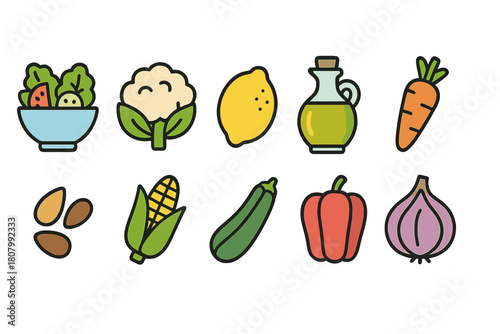 Vegetable and food outline icon set. Fresh produce, organic, healthy eating symbols