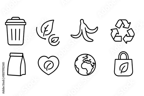 Eco-friendly recycling icon set. Waste management, green environment outline icons.