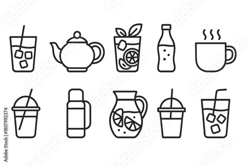 Beverage outline icon set for refreshments and drinks, including coffee, tea, and soda