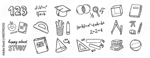 Math elements set, formulas and geometry, cute study kit, line art outline contour, monochrome, hand drawn
