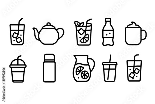 Drinks outline icon set: beverage, coffee, tea, juice, soda, and more