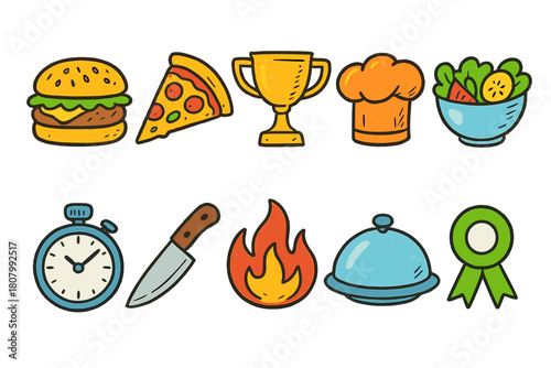 Culinary arts icon set. Food and cooking icons in colorful flat style