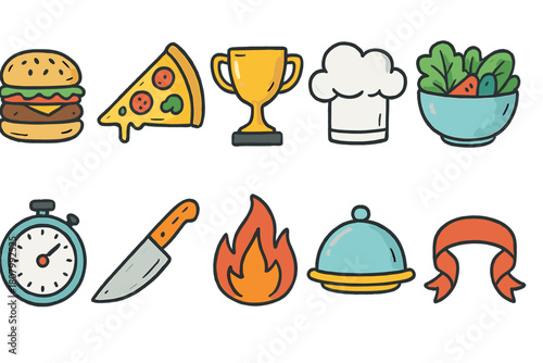 Food and cooking hand-drawn icon set. Ingredients, meals, culinary flat icons collection.