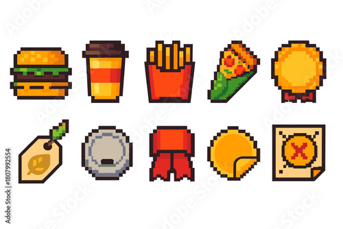 Vintage 8-bit food icon set for fast food, retro gaming, and rewards collection