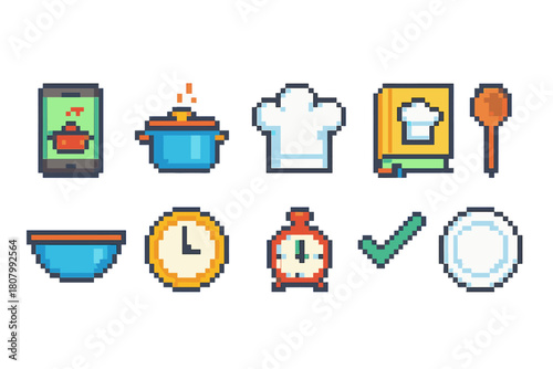 Cooking, kitchen pixel icon set. Culinary, food preparation pixel art icons collection