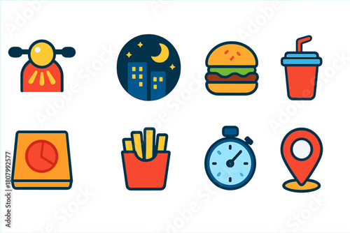 Fast food and nightlife filled icon set. Restaurant, city life symbols filled collection.