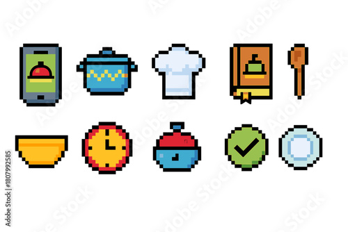 Cooking and kitchen pixel icon set. Culinary, recipe icons collection in pixel art style