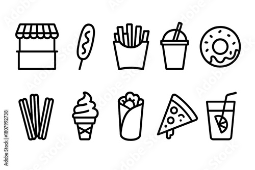 Food and snack icon set in outline style. Fast food, drink, dessert outline icons collection