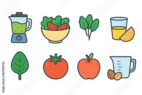 Healthy food, juice, salad outline icon set. Kitchen, vegetable illustrations collection