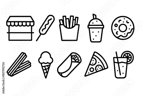 Food and drinks icon set. Snacks, beverages, and desserts outline icons.
