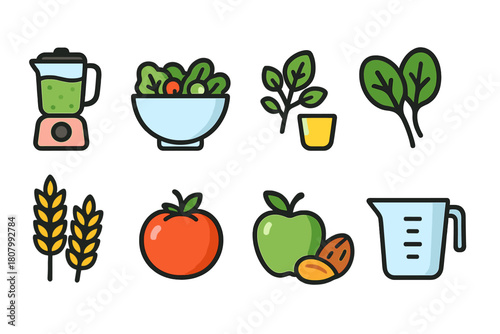 Healthy eating flat icon set. Fruits, vegetables, organic food vectors in vibrant colors