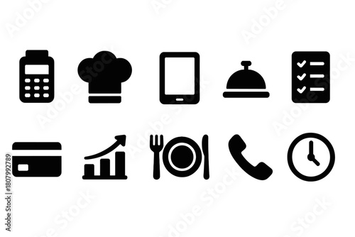 Hospitality and restaurant solid icon set: kitchen, service, dining, food symbols