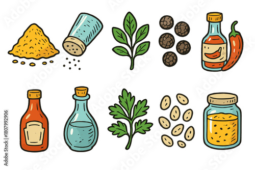 Cooking, kitchen flat icon set. Spices, herbs, seasoning flat icons collection