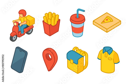 Food and delivery 3d icon set. Fast food, order, courier icons 3d collection