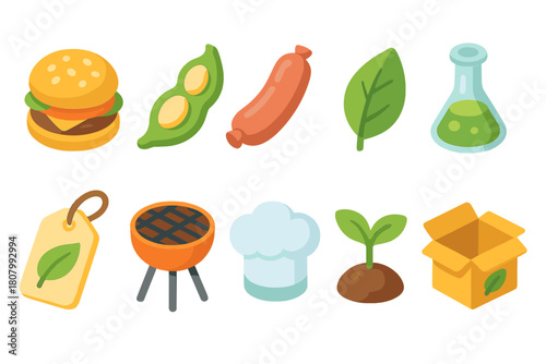 Eco-friendly food 3d icon set with sustainability and healthy elements