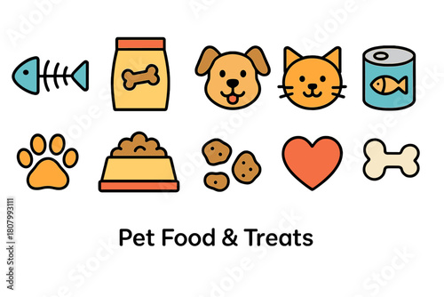 Pet food and treats icon set in flat style for animal lovers and pet stores