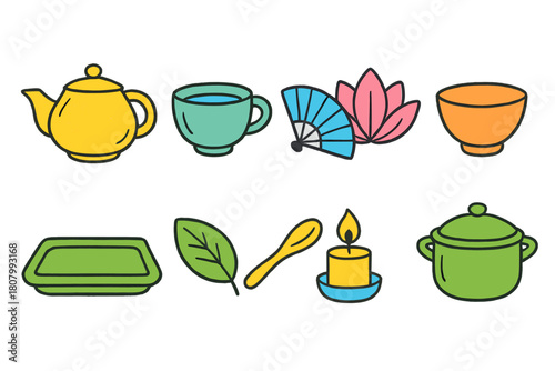 Tea and kitchen outline icon set. Cozy tea time cooking icons collection.