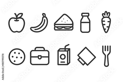 Healthy food line icon set. Fruits, vegetables, snacks, beverages outline collection