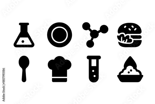 Food and science solid icon set. Culinary lab icons for applications and websites