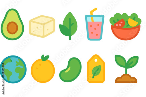 Eco-friendly food flat icon set. Sustainability, nutrition, plant-based icons collection