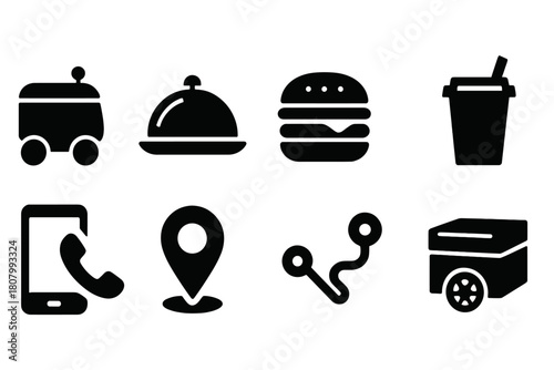 Food delivery silhouette icon set. Fast service, restaurant, gps icons collection