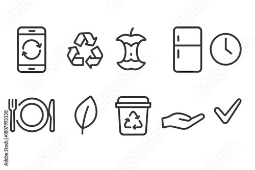 Sustainability outline icon set: recycling, eco-friendly living, waste management icons