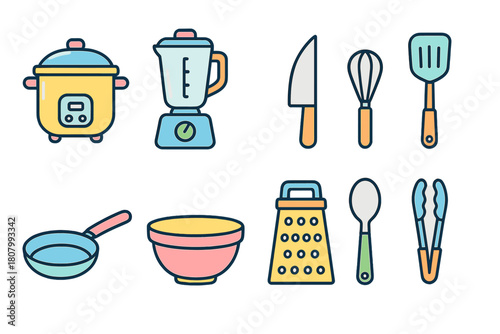 Kitchen utensils icon set in flat style: cooking tools and appliances collection
