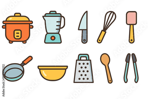 Cooking and kitchen tools icon set. Flat kitchen utensil icons, cookware essentials.