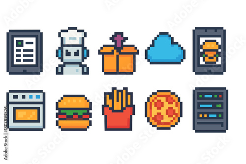 Pixel art food icon set. Retro fast food, restaurant icons in pixel art style.