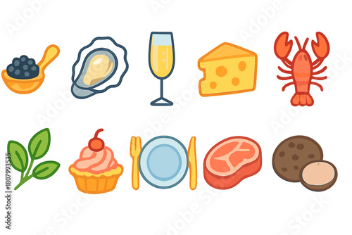 Luxury food and drink icon set: gourmet, seafood, cheese, dessert icons in outline style