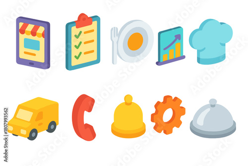 Restaurant, food 3d icon set. Dining, chef tools and kitchen icons collection