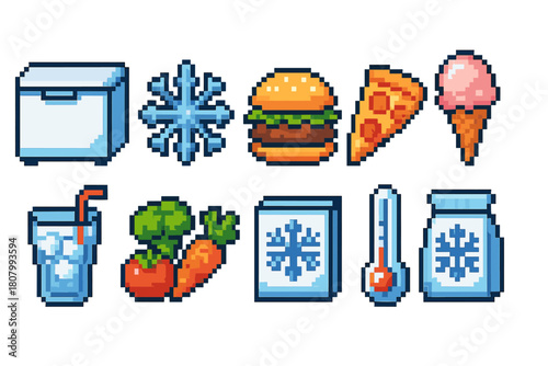 Food and kitchen pixel art icon set. Culinary and cooking icons in retro style