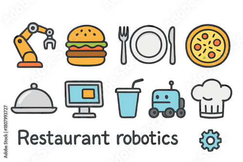 “Restaurant and robotics flat icon set. Food, automation, technology icons collection”