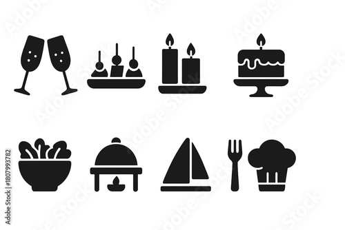 Celebration and dining silhouette icon set. Party, food, and drink symbols collection