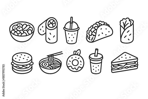 Food and drink line icon set. Fast food, beverage, snack, and meal icons collection