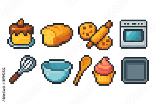 Baking pixel art icon set. Kitchen, desserts, cooking tools pixelated icons collection