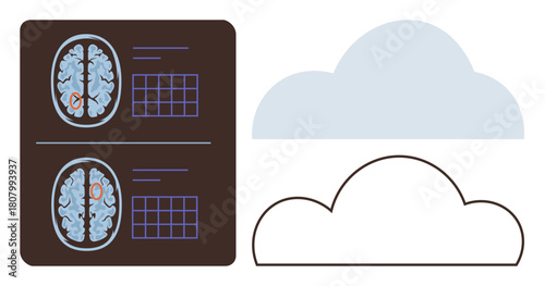 Brain scans with marked sections paired with a cloud outline. Ideal for neuroscience, technology, innovation, cloud computing, AI research, mental health, and medical data. A simple flat metaphor