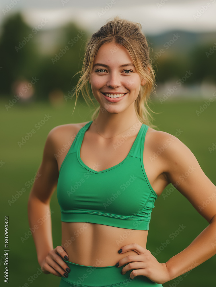 Fototapeta premium Joyful Young Woman Smiling in Green Sportswear Outdoors