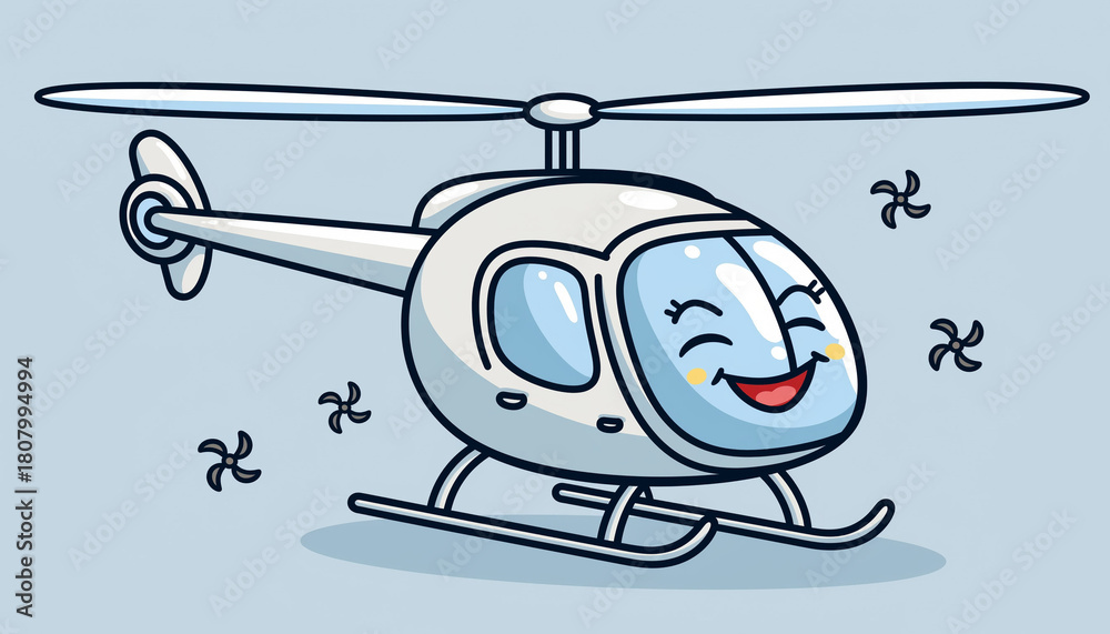 Fototapeta premium Cartoon illustration of a happy white helicopter with a smiling face and spinning rotors against a light blue background.
