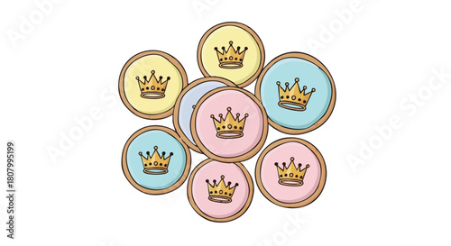 Colorful crown-shaped cookies in pastel colors for Epiphany celebration  