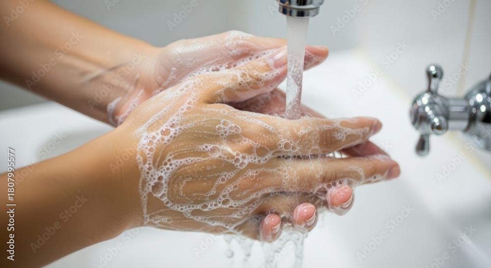 Fototapeta premium Wash your hands for a healthy life, woman's hands under running water covered in soap, promoting personal hygiene and wellness for disease prevention