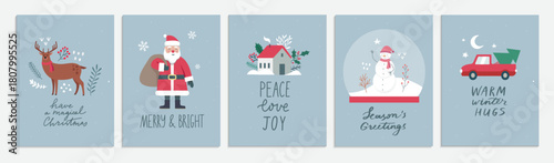 A set of greeting cards for Christmas and New Year. Cute simple flat images of Santa Claus, car, Tree, reindeer, snowman and lettering. Vector illustration