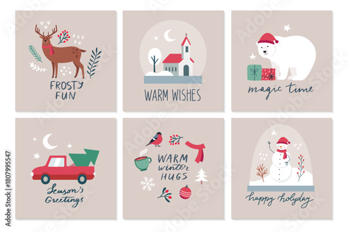 A set of greeting cards for Christmas and New Year. Cute simple flat images of Santa Claus, car, Tree, reindeer, snowman and lettering. Vector illustration