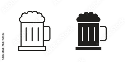 Beer mug icon with thin line and flat web symbol on white background