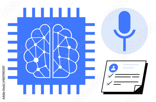 Neural network within microchip, microphone symbol, and data checklist document. Ideal for AI, neural learning, voice recognition, data analysis, technology research and innovation concepts. Simple
